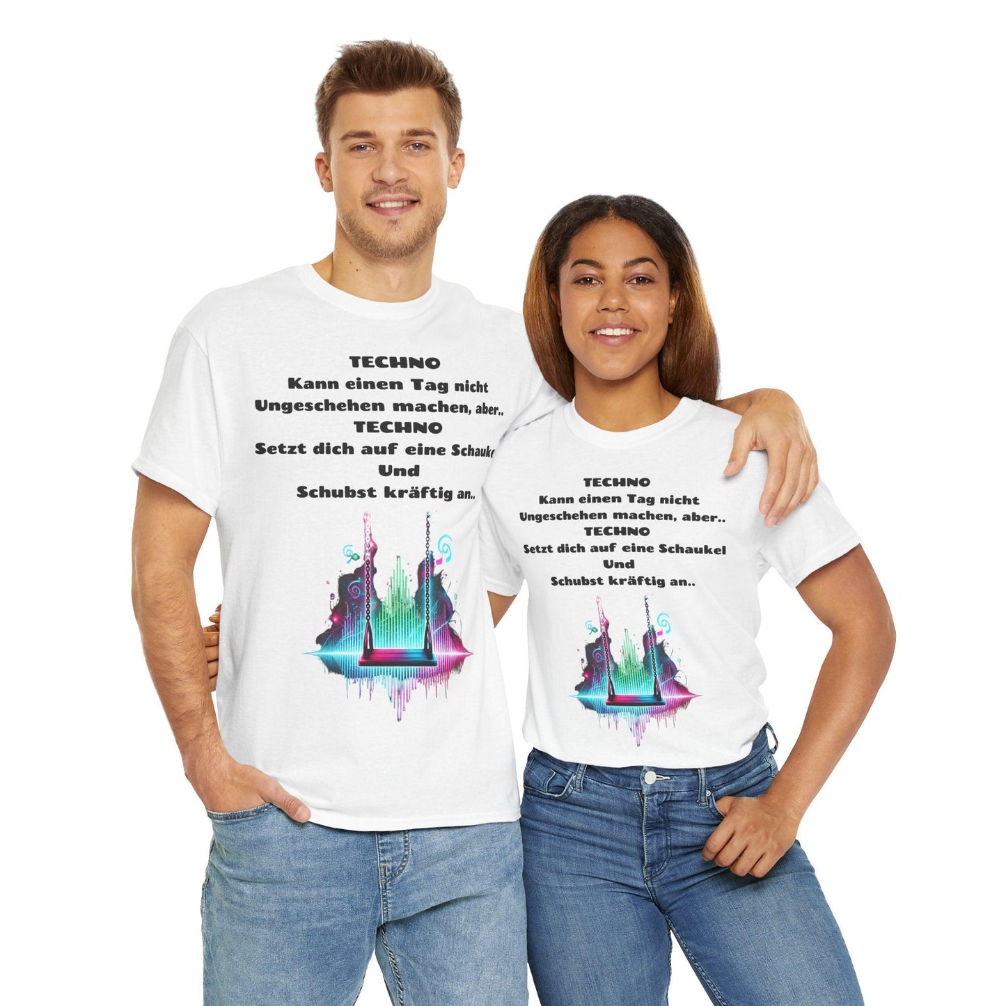 Techno Swing Unisex T-Shirt - Schaukel mit Lichtern und Frequenzlinien Design