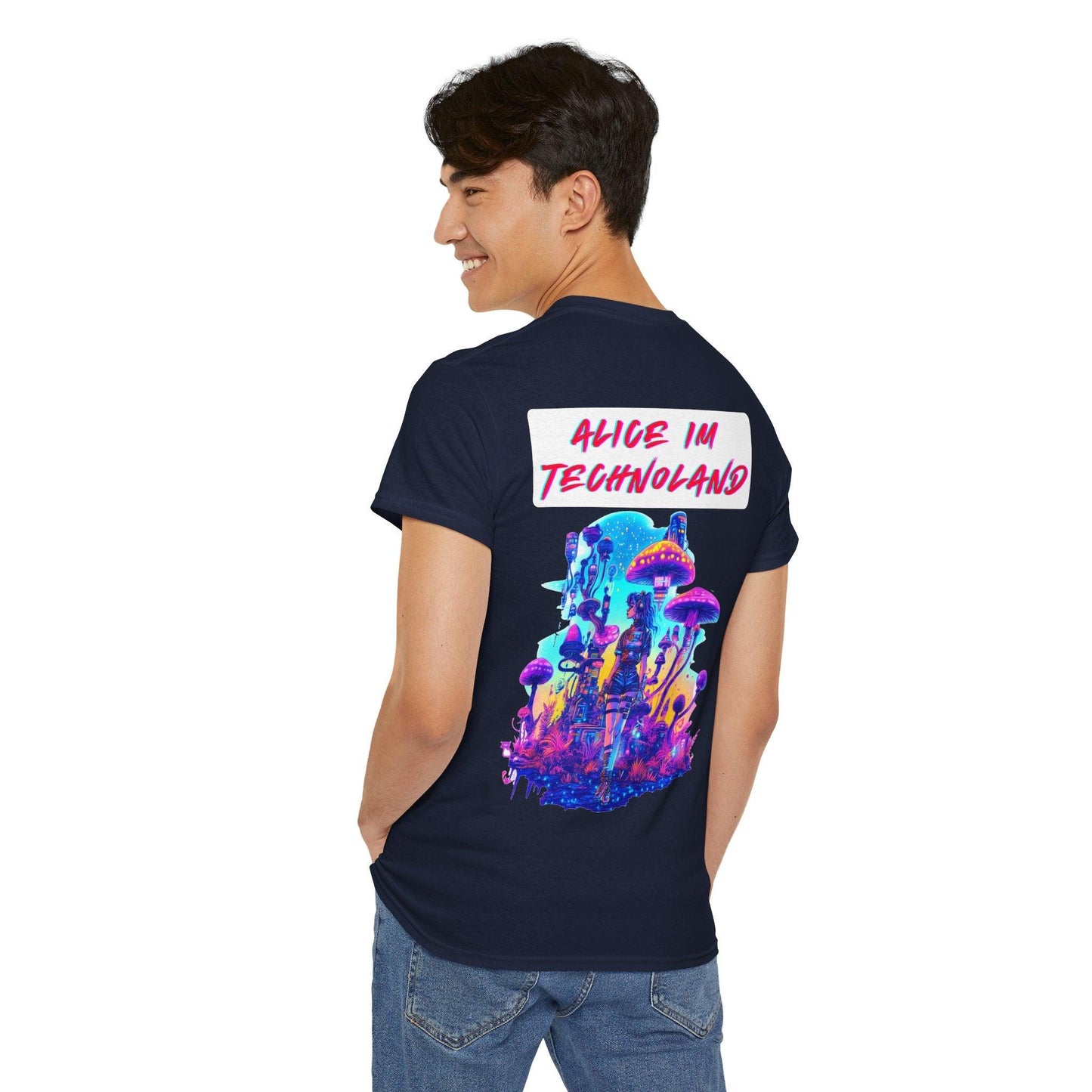 Techno Cyberpunk T-Shirt Rückseite - 'Alice im Technoland' Neon Design