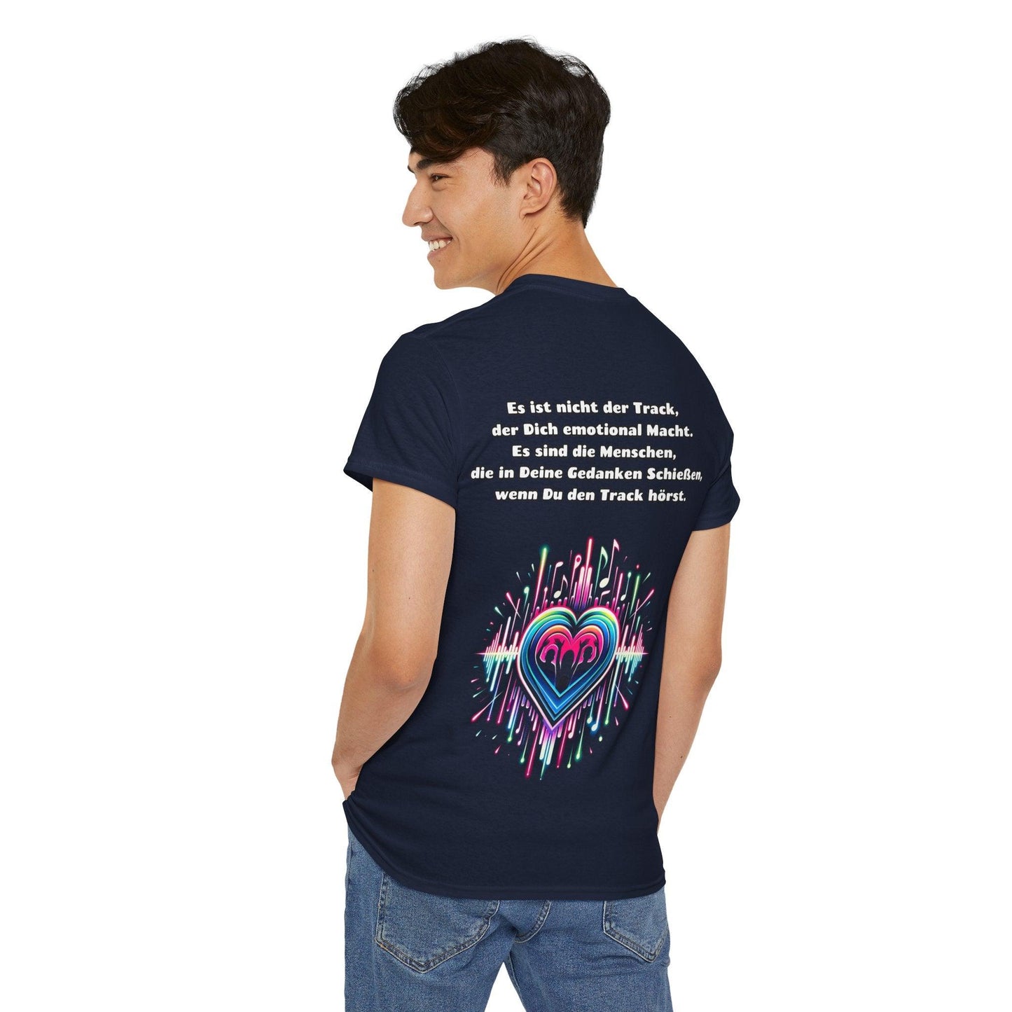 Techno Soundwaves Unisex T-Shirt Rückseite mit Herzdesign