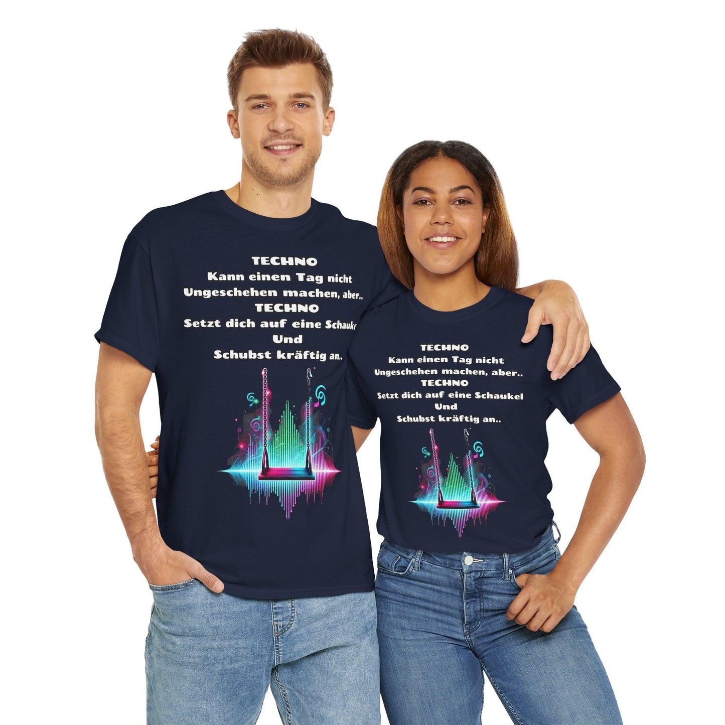 Techno Swing Unisex T-Shirt - Schaukel mit Lichtern und Frequenzlinien Design