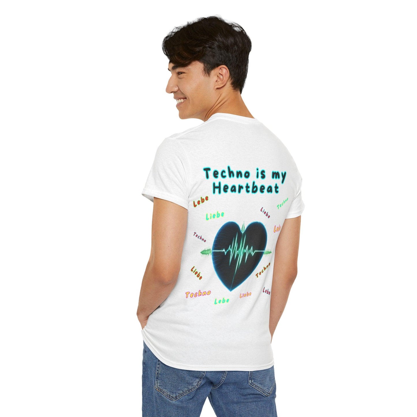 Techno Herzschlag Unisex T-Shirt Rückseite - Neon Heart Design
