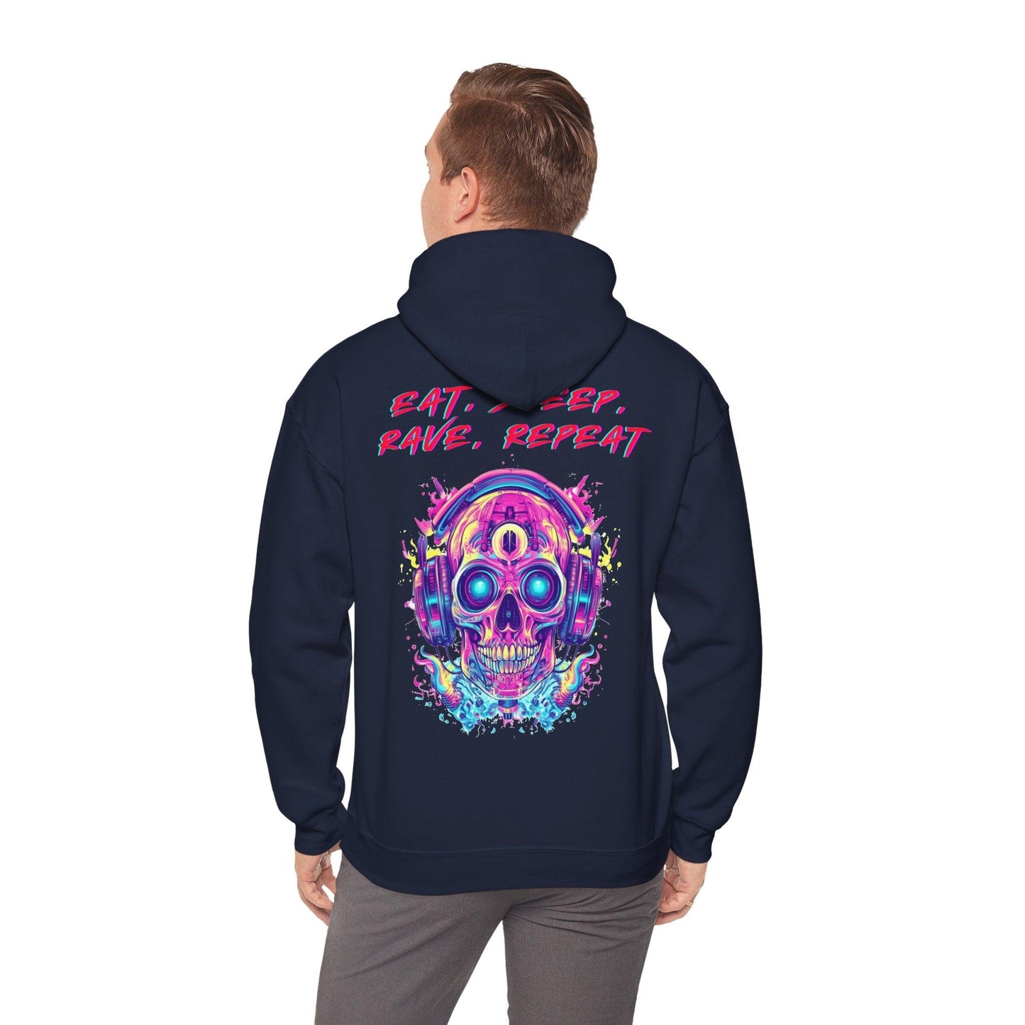 Techno Cyberpunk Skull Hoodie - 'Eat, Sleep, Rave, Repeat' Neon Design