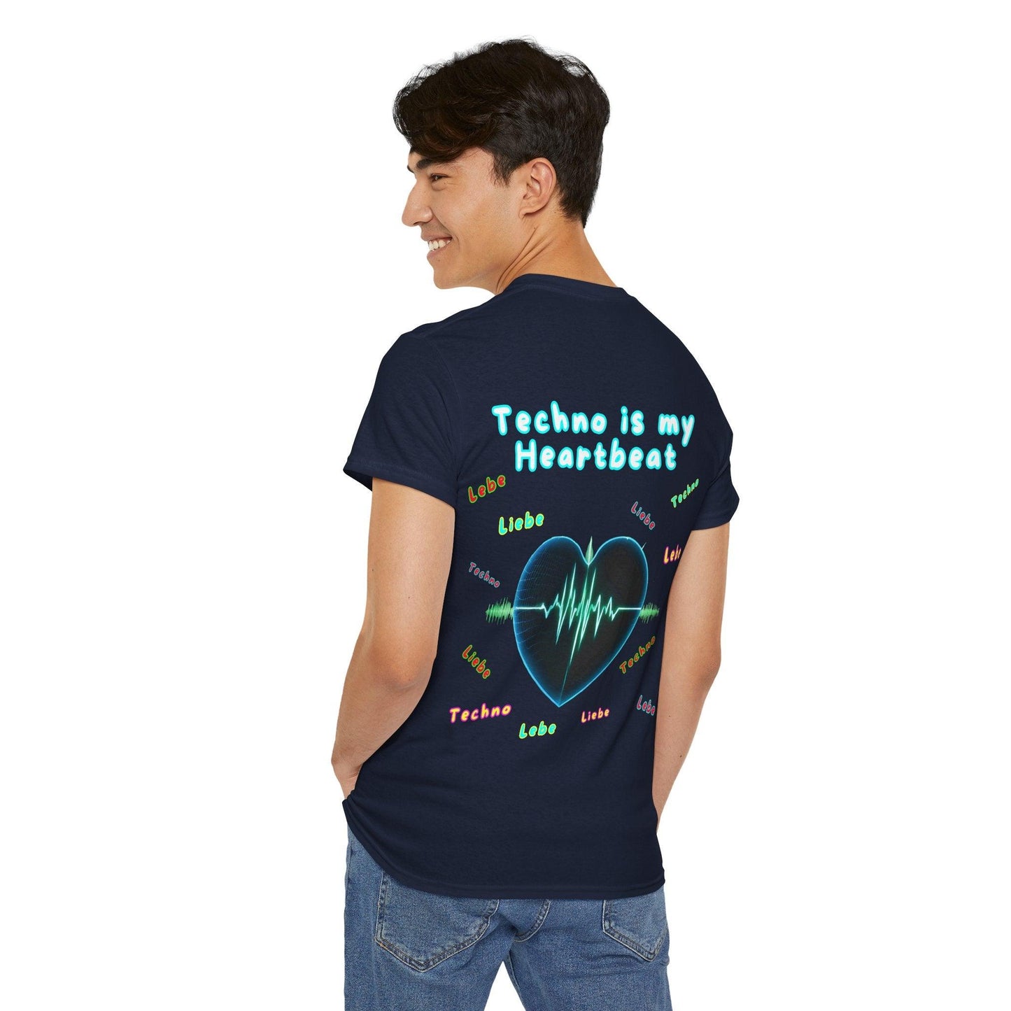 Techno Herzschlag Unisex T-Shirt Rückseite - Neon Heart Design
