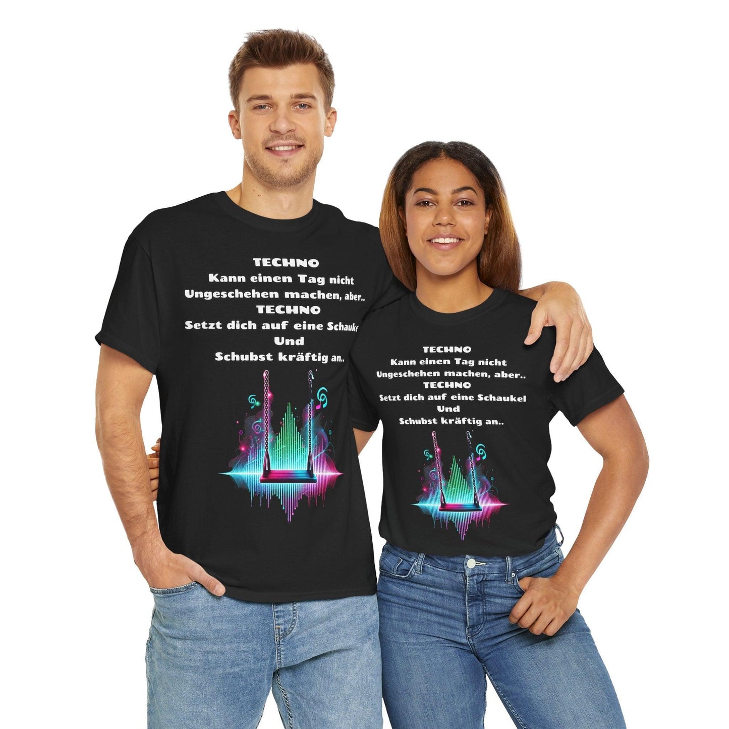 Techno Swing Unisex T-Shirt - Schaukel mit Lichtern und Frequenzlinien Design
