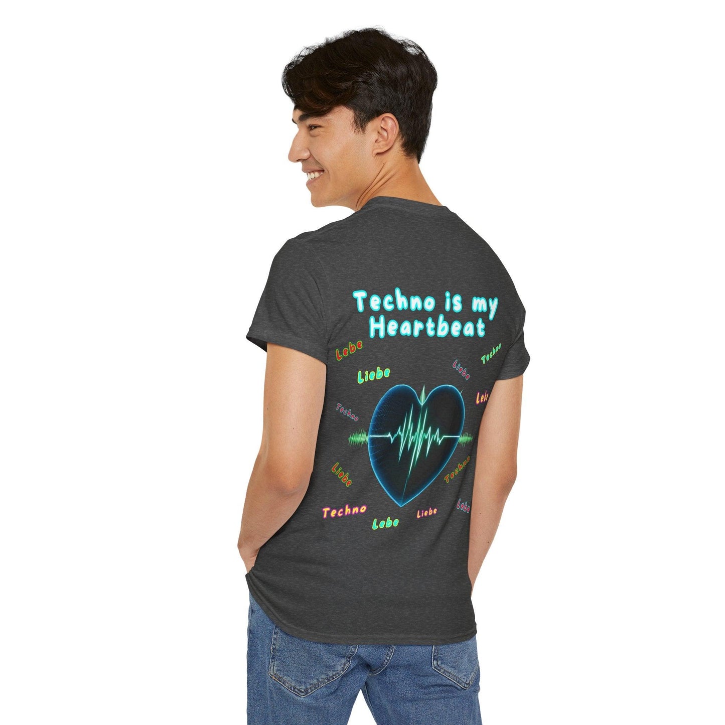 Techno Herzschlag Unisex T-Shirt Rückseite - Neon Heart Design