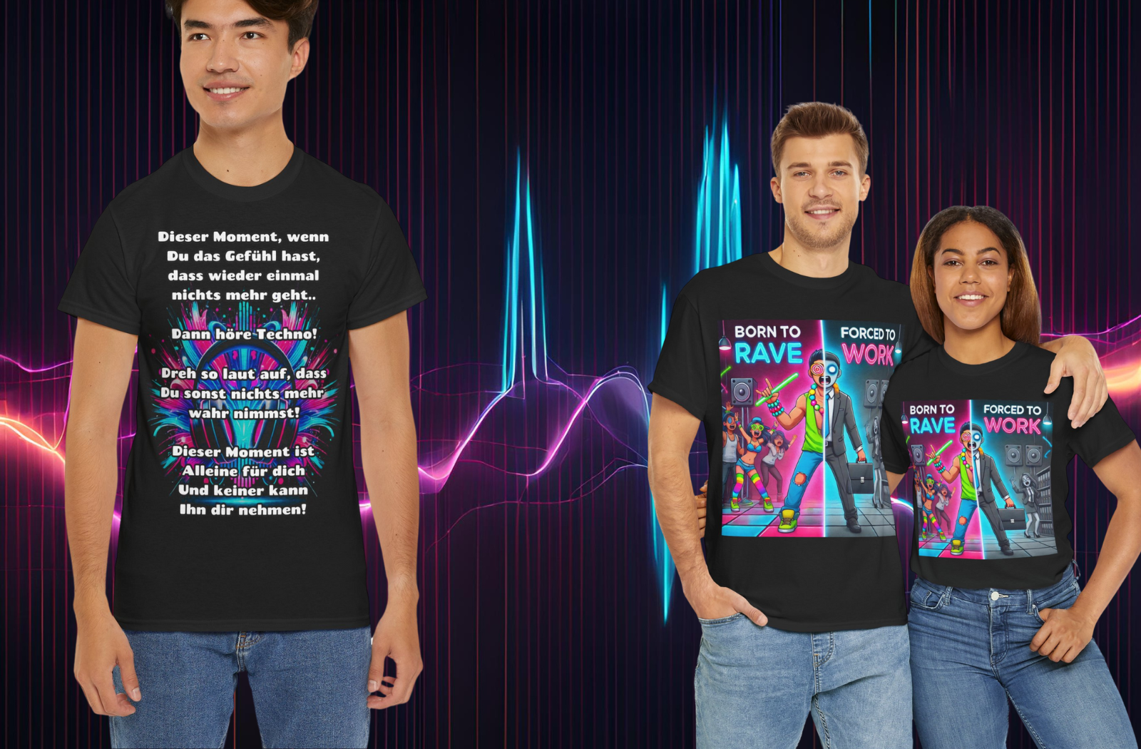 Bassline Merch Banner, Wavelines and People who wearing T-Shirts with Techno Style