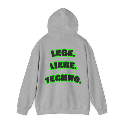 Techno Love Unisex Hoodie - Bassline Merch Slogan Grün Design