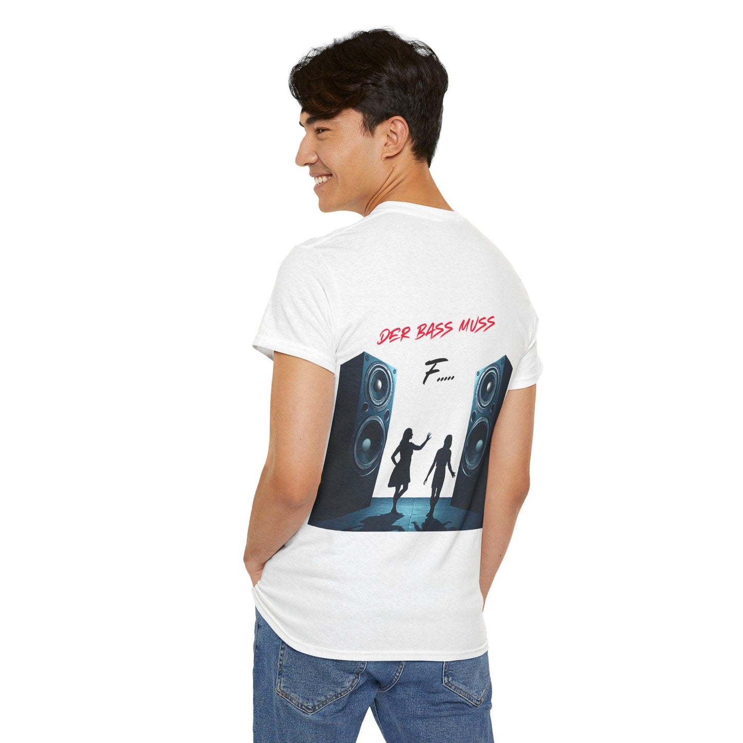 Techno Musik Liebhaber T-Shirt Rückseite - 'DER BASS MUSS F.....' Design